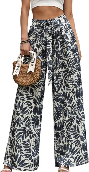 Womens Printed Wide Leg Pants Ruffle Elastic Drawstring Beach Vacation Palazzo Loose Comfy Trousers with Pockets