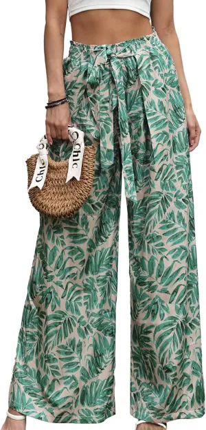 Womens Printed Wide Leg Pants Ruffle Elastic Drawstring Beach Vacation Palazzo Loose Comfy Trousers with Pockets