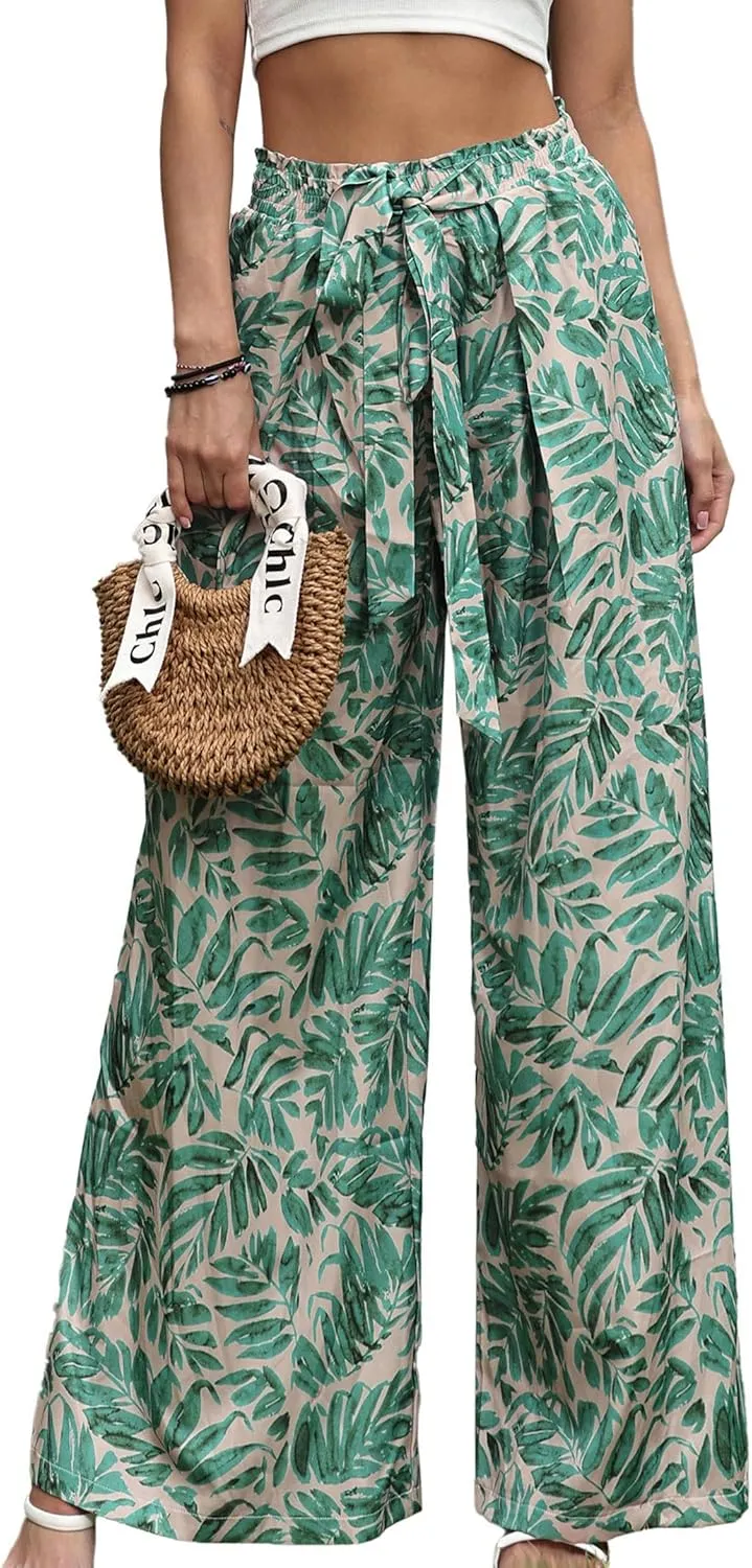 Womens Printed Wide Leg Pants Ruffle Elastic Drawstring Beach Vacation Palazzo Loose Comfy Trousers with Pockets