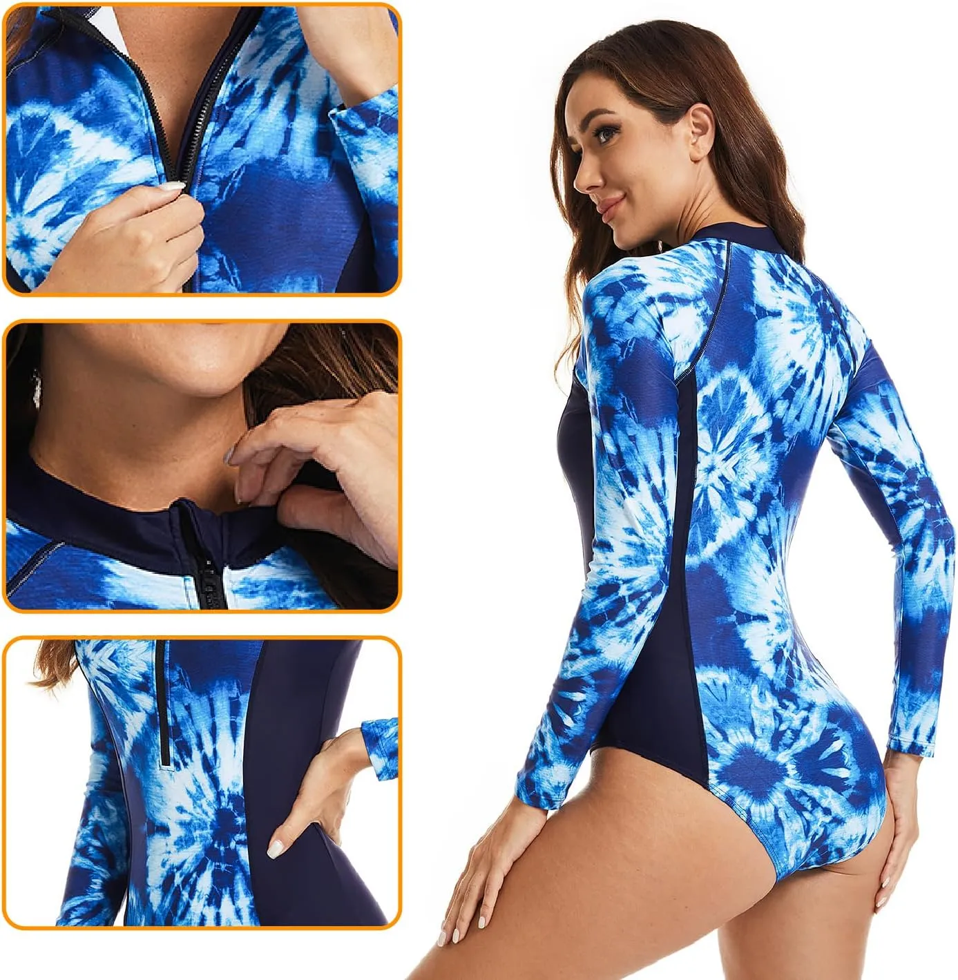 Womens Rash Guard Long Sleeve Bathing Suit One Piece Swimsuit Tummy Control Built in Bra UPF 50 Surfing Swimwear