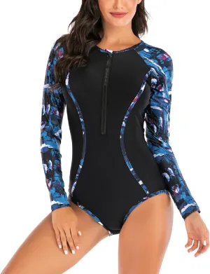 Womens Rash Guard Long Sleeve Bathing Suit One Piece Swimsuit Tummy Control Built in Bra UPF 50 Surfing Swimwear