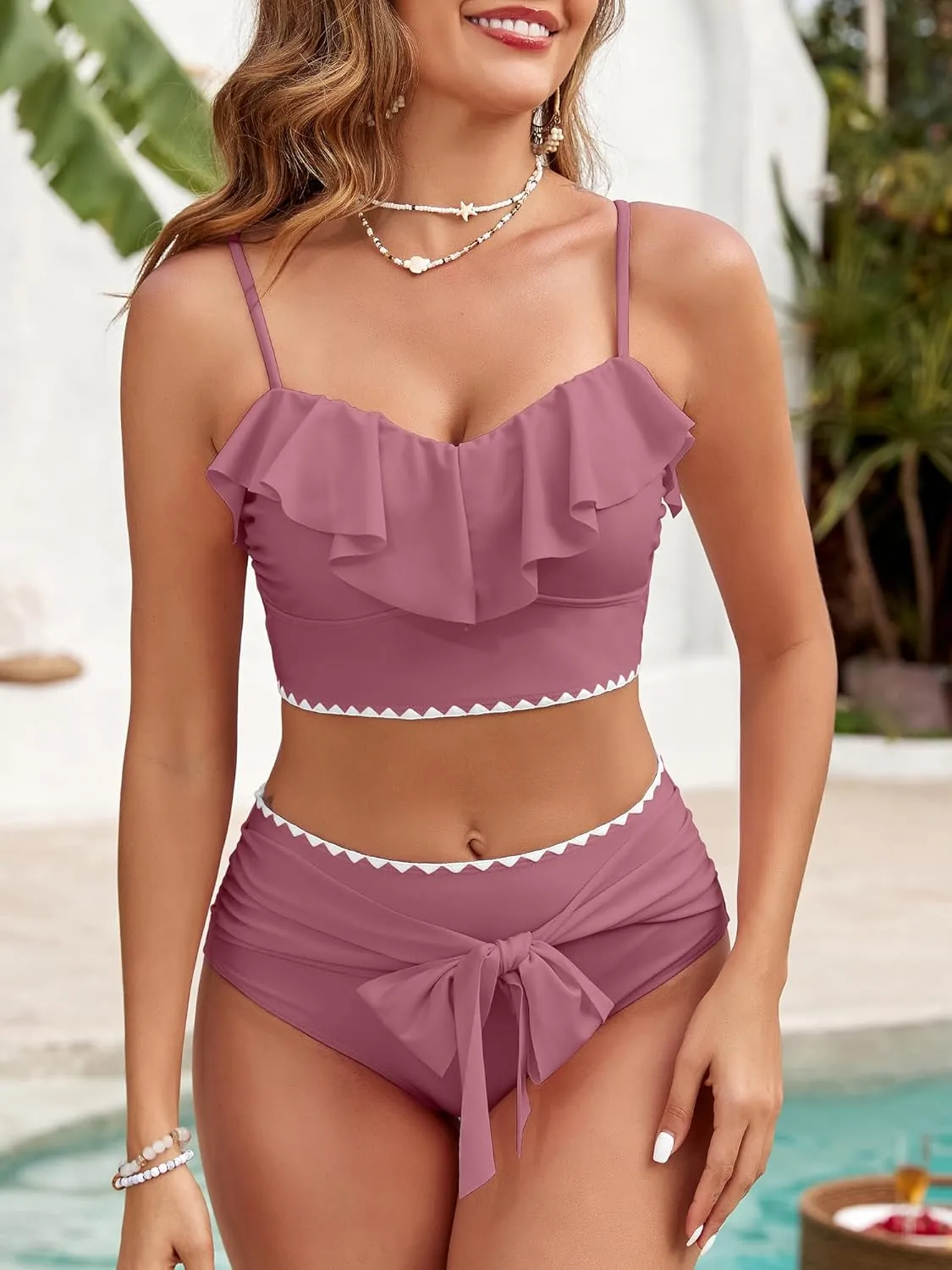 Women's Ruffle Bikini Sets High Waisted 2 Piece Bathing Suits Tummy Control Swimsuits Color Block Tie Front Bikinis