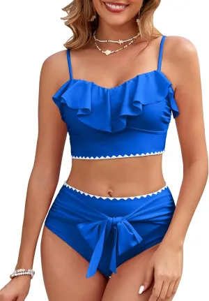 Women's Ruffle Bikini Sets High Waisted 2 Piece Bathing Suits Tummy Control Swimsuits Color Block Tie Front Bikinis
