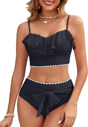 Women's Ruffle Bikini Sets High Waisted 2 Piece Bathing Suits Tummy Control Swimsuits Color Block Tie Front Bikinis