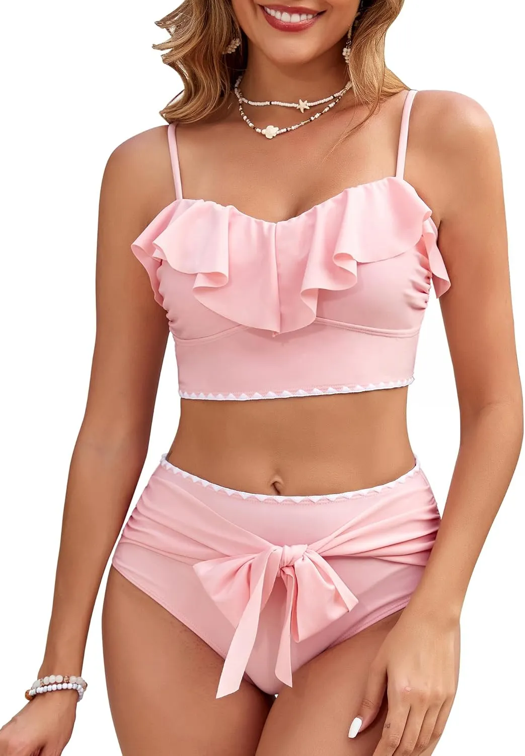 Women's Ruffle Bikini Sets High Waisted 2 Piece Bathing Suits Tummy Control Swimsuits Color Block Tie Front Bikinis