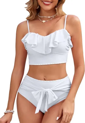 Women's Ruffle Bikini Sets High Waisted 2 Piece Bathing Suits Tummy Control Swimsuits Color Block Tie Front Bikinis