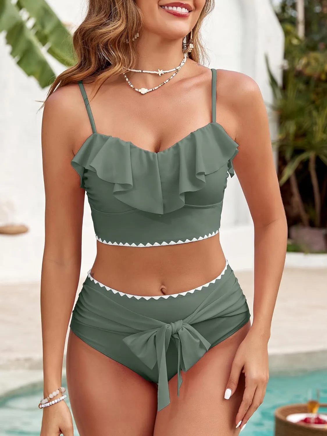 Women's Ruffle Bikini Sets High Waisted 2 Piece Bathing Suits Tummy Control Swimsuits Color Block Tie Front Bikinis