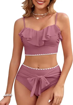 Women's Ruffle Bikini Sets High Waisted 2 Piece Bathing Suits Tummy Control Swimsuits Color Block Tie Front Bikinis