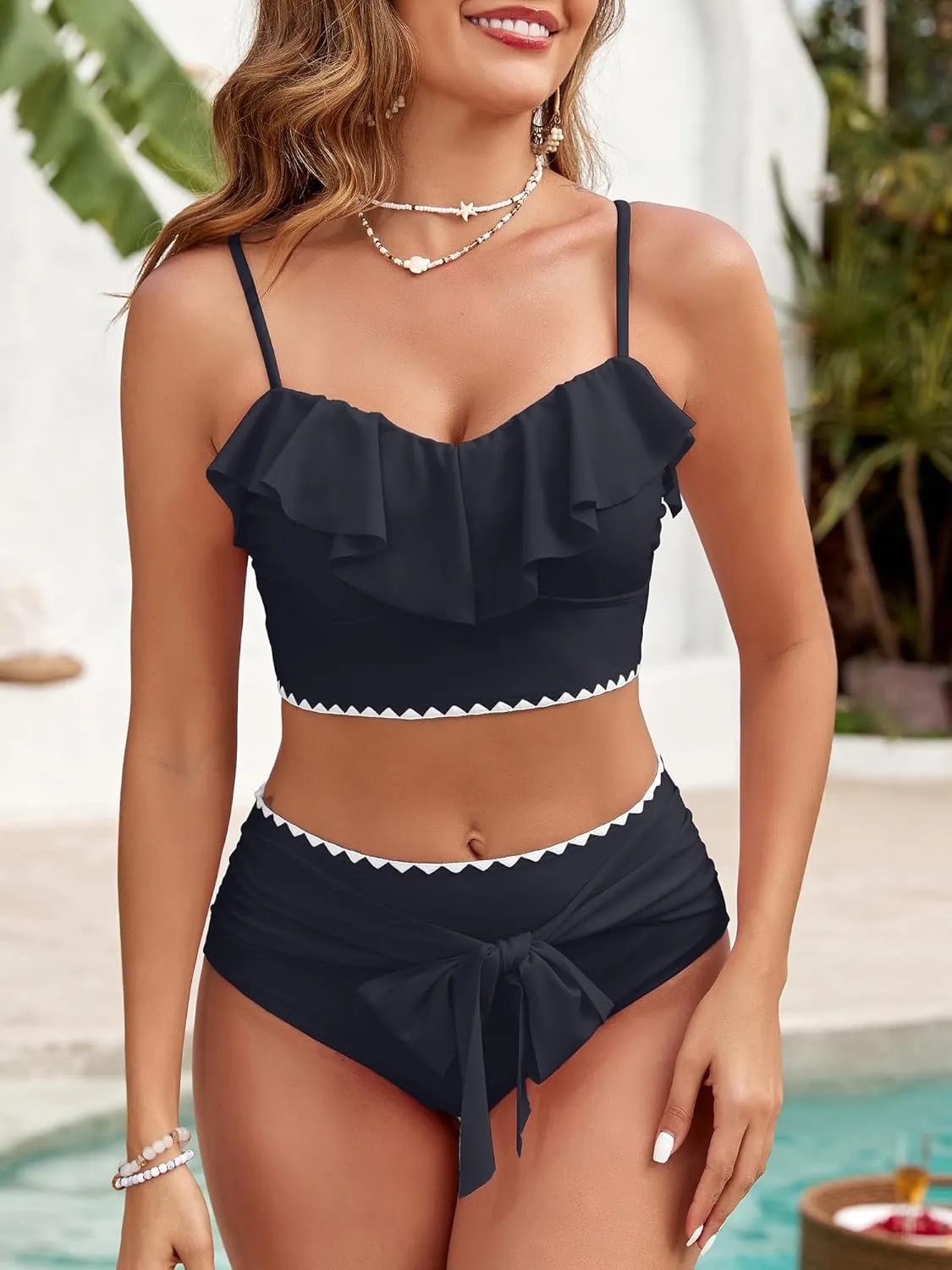 Women's Ruffle Bikini Sets High Waisted 2 Piece Bathing Suits Tummy Control Swimsuits Color Block Tie Front Bikinis