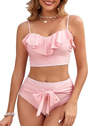 Women's Ruffle Bikini Sets High Waisted 2 Piece Bathing Suits Tummy Control Swimsuits Color Block Tie Front Bikinis