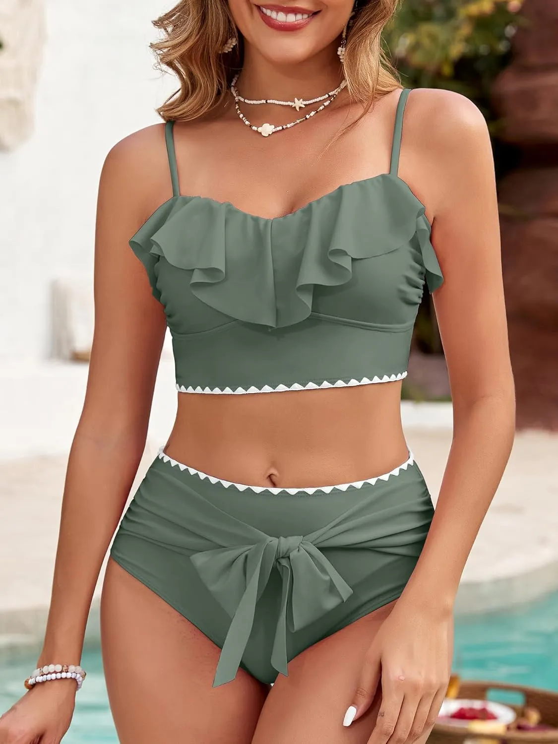 Women's Ruffle Bikini Sets High Waisted 2 Piece Bathing Suits Tummy Control Swimsuits Color Block Tie Front Bikinis