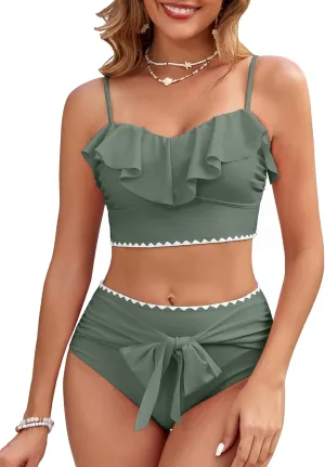 Women's Ruffle Bikini Sets High Waisted 2 Piece Bathing Suits Tummy Control Swimsuits Color Block Tie Front Bikinis