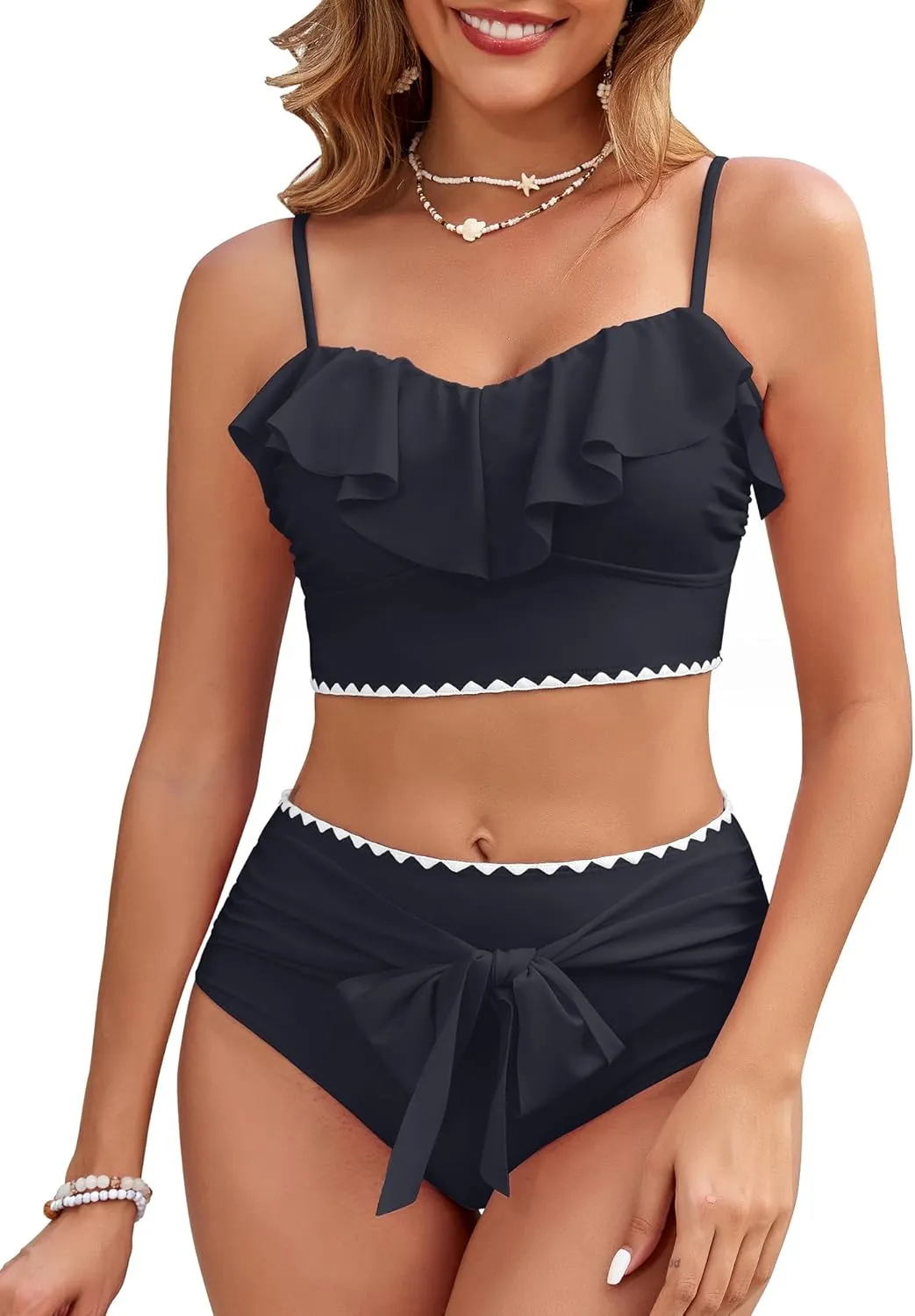 Women's Ruffle Bikini Sets High Waisted 2 Piece Bathing Suits Tummy Control Swimsuits Color Block Tie Front Bikinis