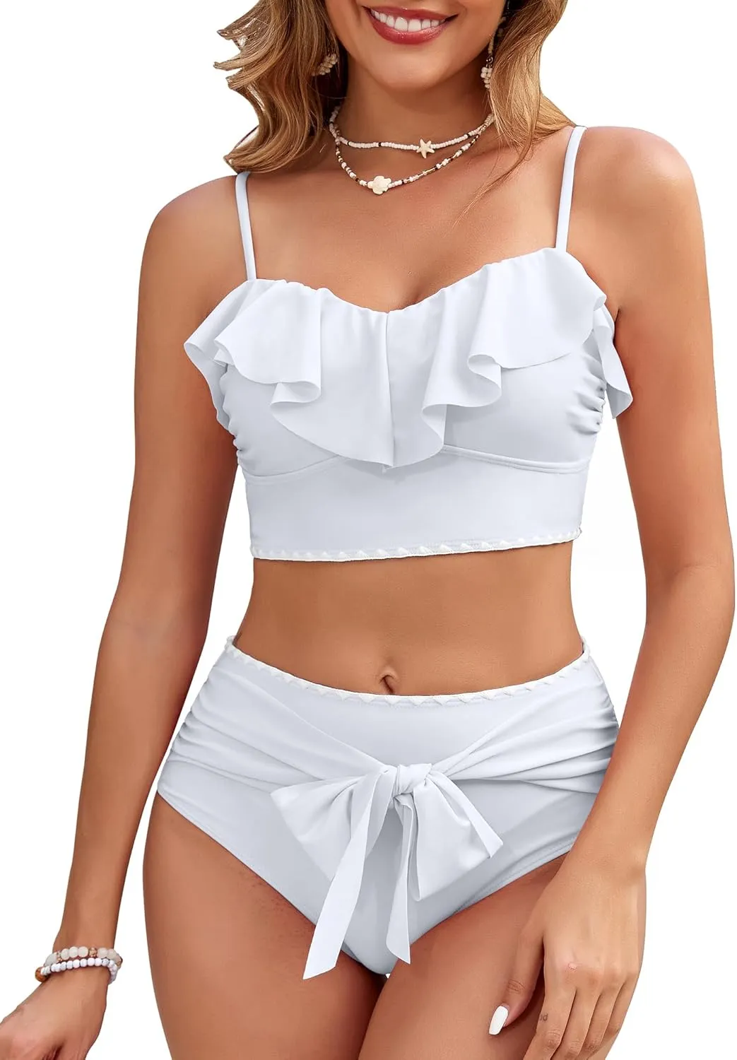 Women's Ruffle Bikini Sets High Waisted 2 Piece Bathing Suits Tummy Control Swimsuits Color Block Tie Front Bikinis