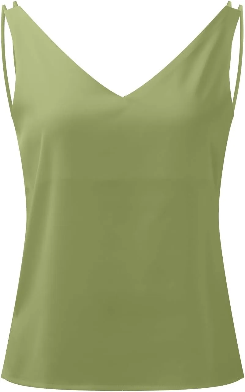 Womens Silk Satin Tank Tops V Neck Casual Cami Sleeveless Camisole Blouses Summer Basic Tank Shirt