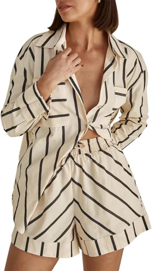 Women's Striped 2 Piece Outfits Casual Oversized Button Down Shirts and Short Lounge Pajamas Set