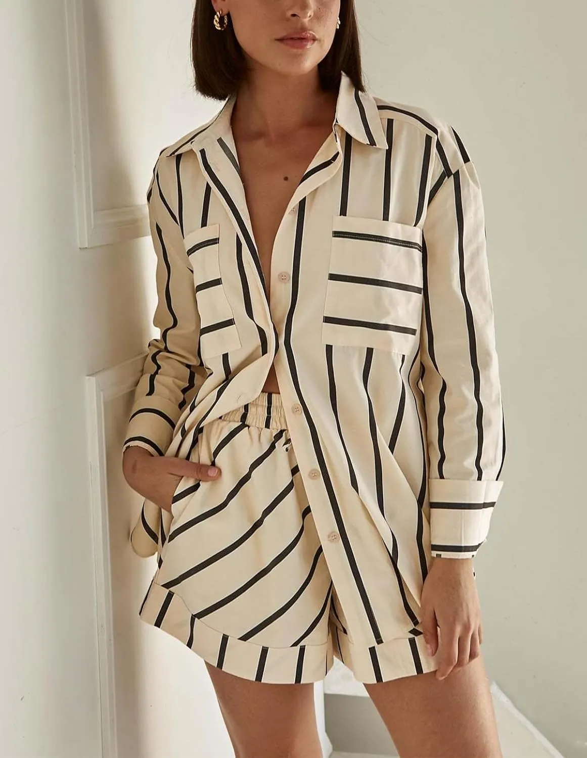 Women's Striped 2 Piece Outfits Casual Oversized Button Down Shirts and Short Lounge Pajamas Set