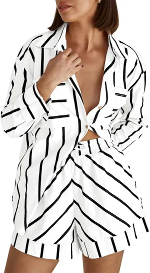 Women's Striped 2 Piece Outfits Casual Oversized Button Down Shirts and Short Lounge Pajamas Set
