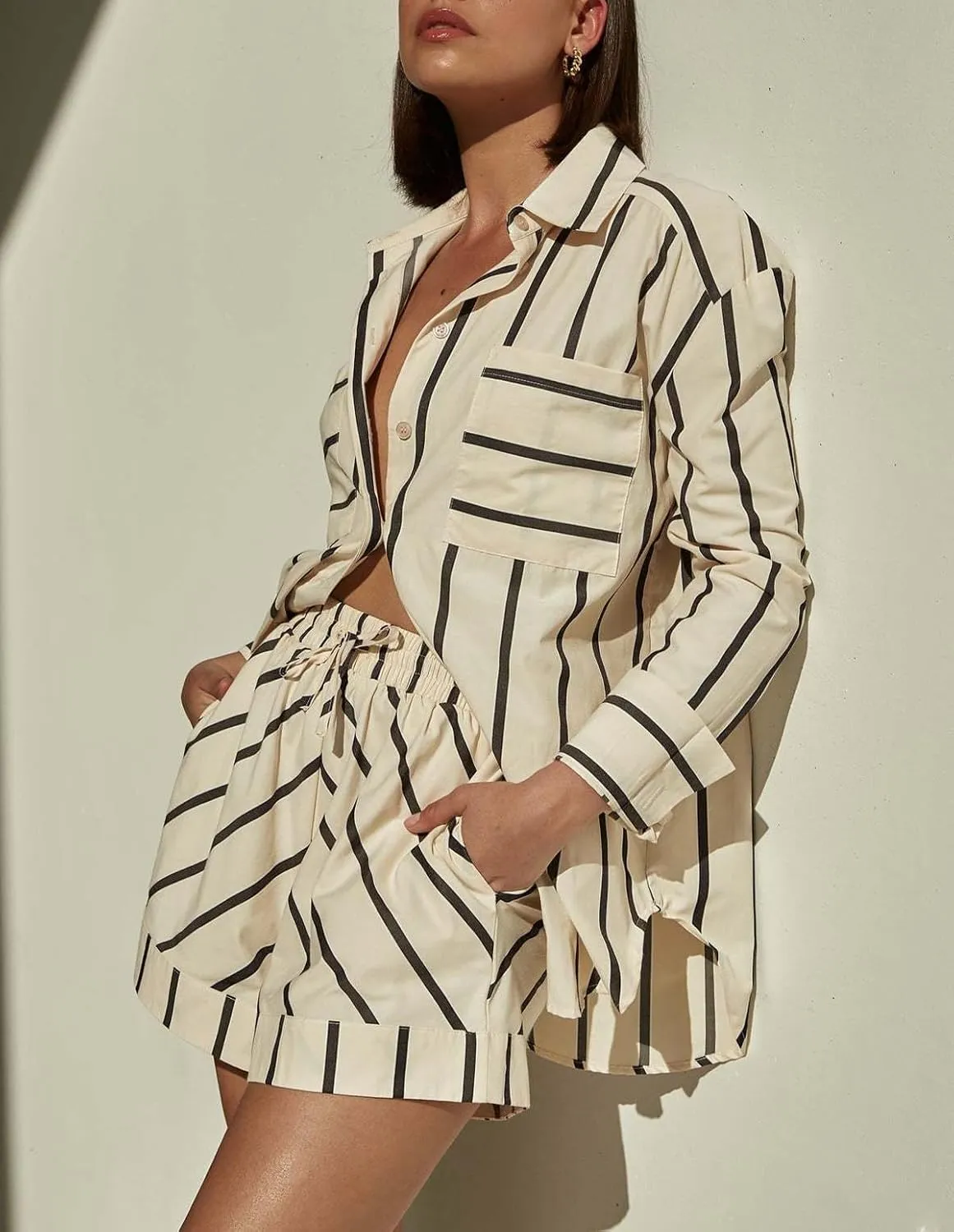 Women's Striped 2 Piece Outfits Casual Oversized Button Down Shirts and Short Lounge Pajamas Set