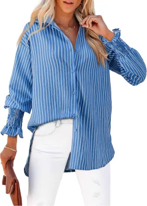 Women's Striped Button Down Shirts Long Sleeve Smocked Cuffed Oversized Boyfriend Blouses Collared Work No Pockets Tops