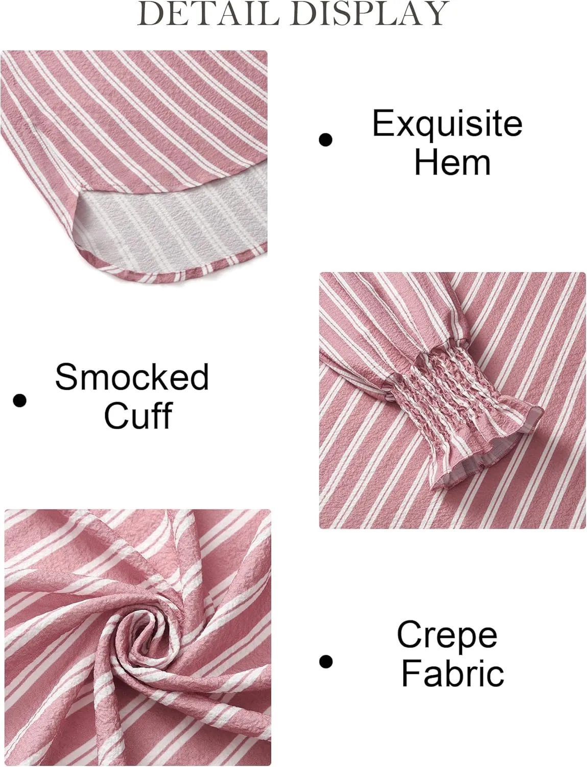 Women's Striped Button Down Shirts Long Sleeve Smocked Cuffed Oversized Boyfriend Blouses Collared Work No Pockets Tops