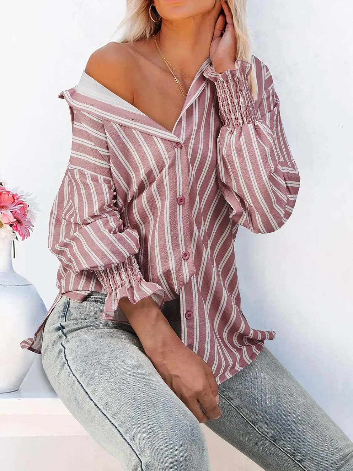 Women's Striped Button Down Shirts Long Sleeve Smocked Cuffed Oversized Boyfriend Blouses Collared Work No Pockets Tops