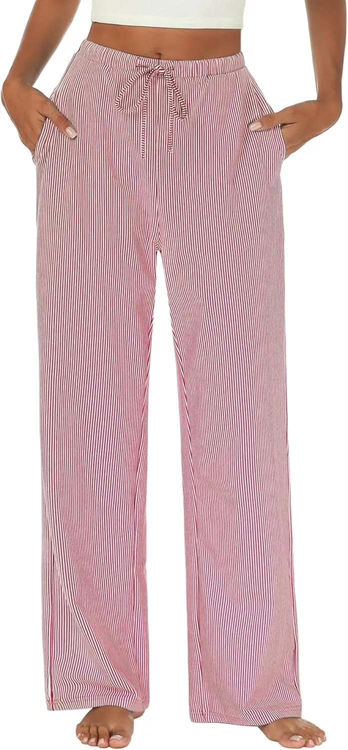 Womens Striped Pajama Pants Cotton Comfy Lounge Pj Pants Casual Wide Leg Drawstring Elastic Sleep Bottoms with Pockets