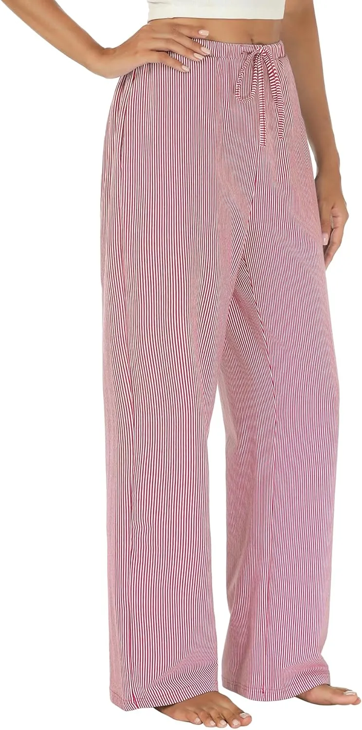 Womens Striped Pajama Pants Cotton Comfy Lounge Pj Pants Casual Wide Leg Drawstring Elastic Sleep Bottoms with Pockets