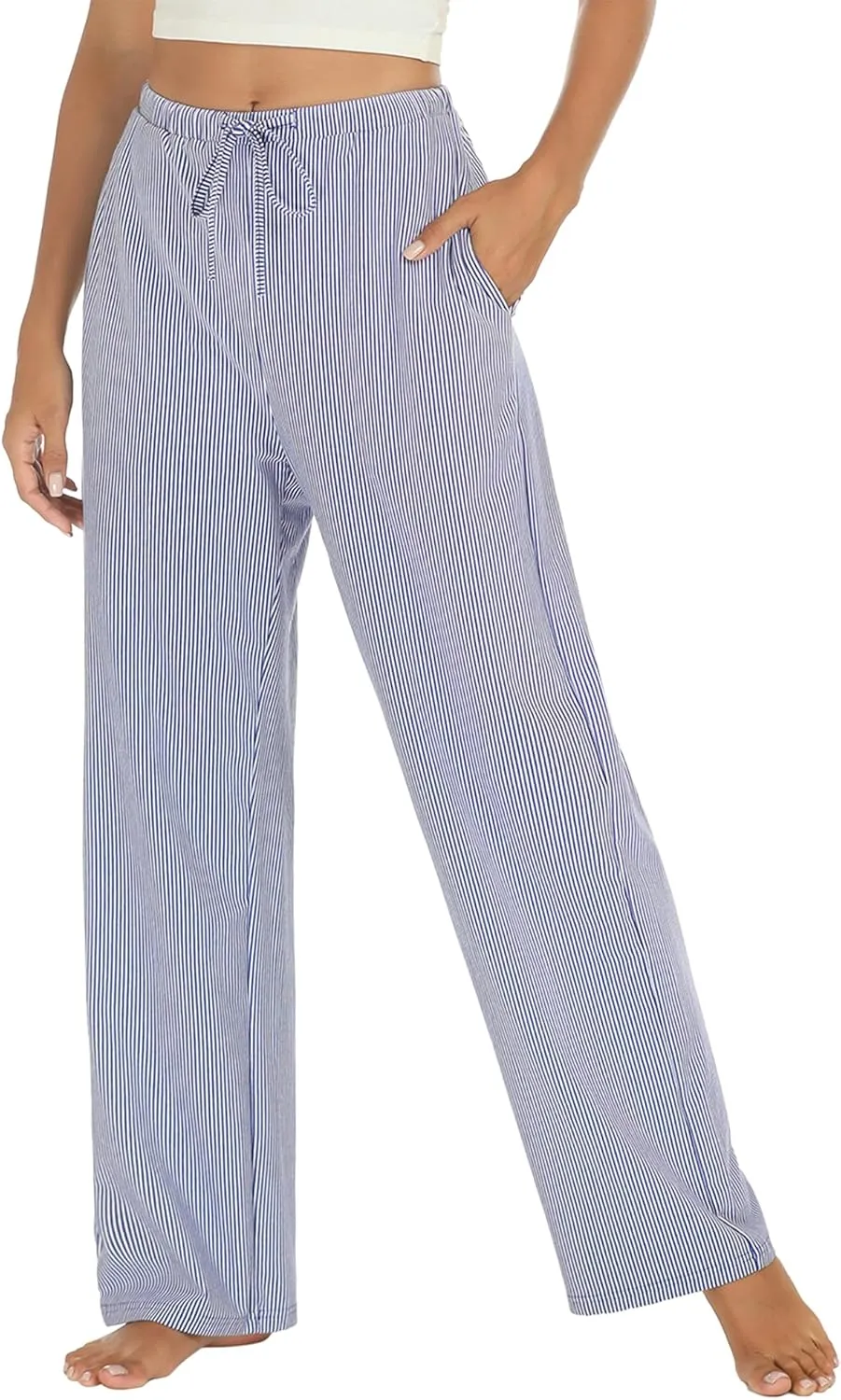 Womens Striped Pajama Pants Cotton Comfy Lounge Pj Pants Casual Wide Leg Drawstring Elastic Sleep Bottoms with Pockets