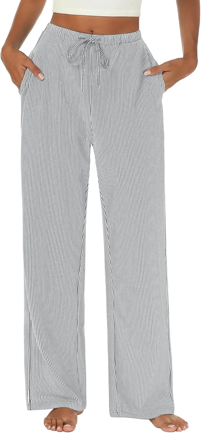Womens Striped Pajama Pants Cotton Comfy Lounge Pj Pants Casual Wide Leg Drawstring Elastic Sleep Bottoms with Pockets