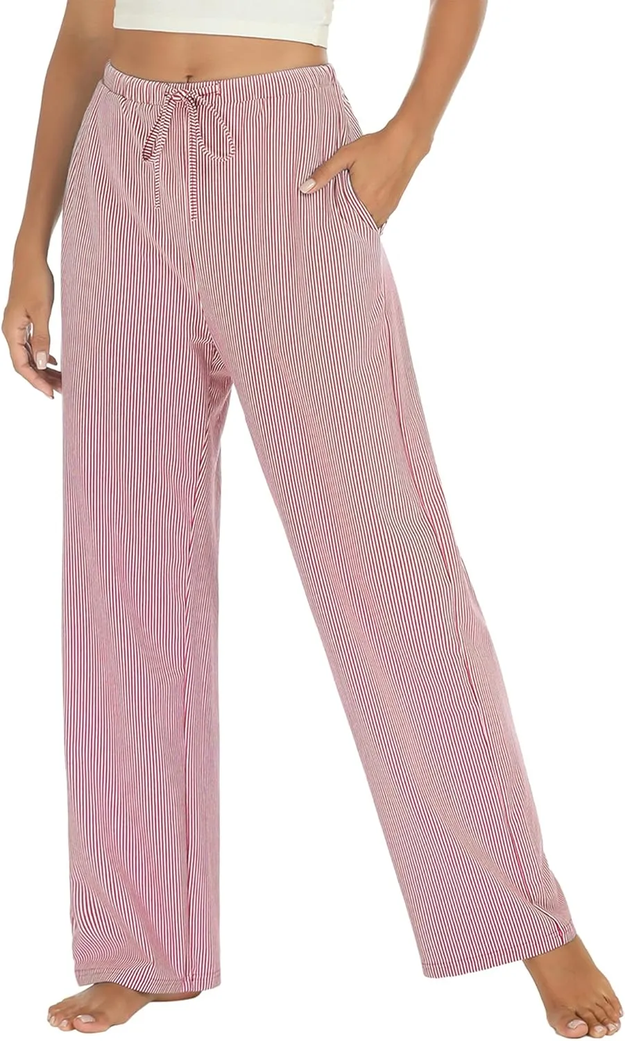 Womens Striped Pajama Pants Cotton Comfy Lounge Pj Pants Casual Wide Leg Drawstring Elastic Sleep Bottoms with Pockets
