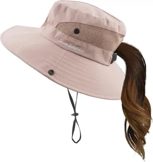 Womens Summer Sun Hat Wide Brim Outdoor UV Protection Hat Foldable Ponytail Bucket Cap for Beach Fishing Hiking