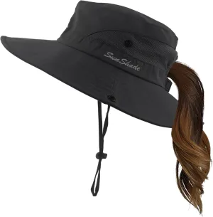 Womens Summer Sun Hat Wide Brim Outdoor UV Protection Hat Foldable Ponytail Bucket Cap for Beach Fishing Hiking