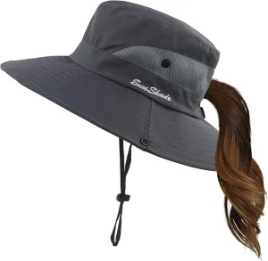 Womens Summer Sun Hat Wide Brim Outdoor UV Protection Hat Foldable Ponytail Bucket Cap for Beach Fishing Hiking
