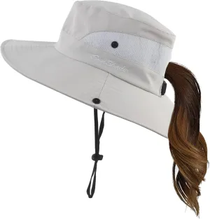Womens Summer Sun Hat Wide Brim Outdoor UV Protection Hat Foldable Ponytail Bucket Cap for Beach Fishing Hiking