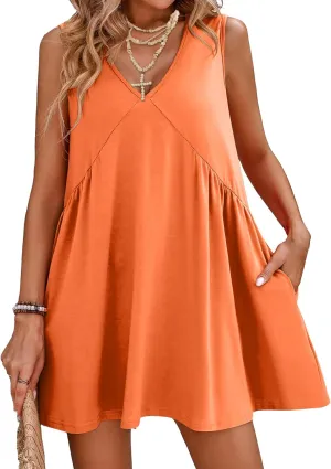 Women's Summer V Neck Sleeveless Mini Dress Casual Loose Pleated Swing Flowy Sundress with Pockets