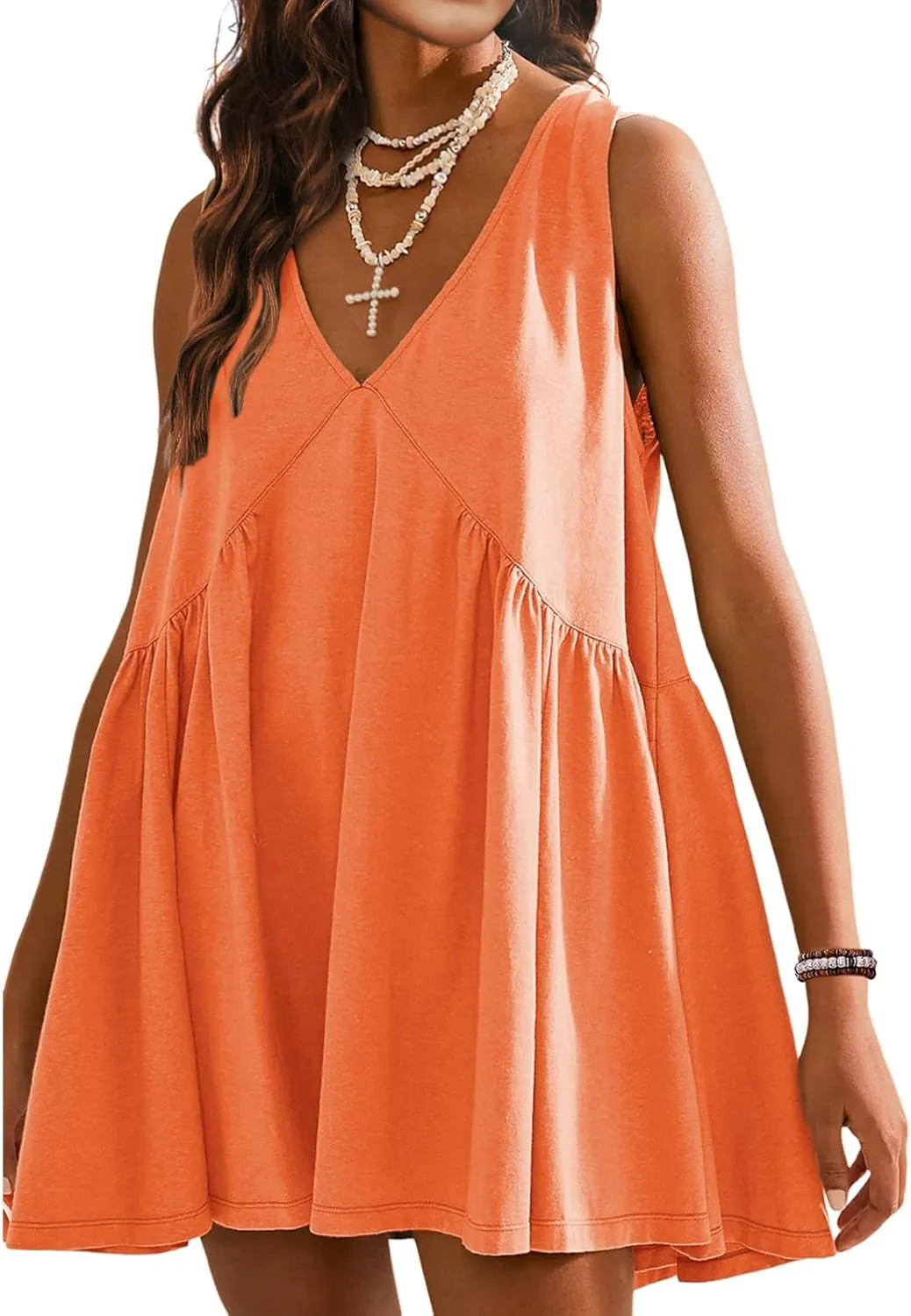 Women's Summer V Neck Sleeveless Mini Dress Casual Loose Pleated Swing Flowy Sundress with Pockets
