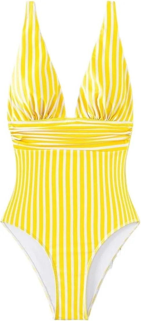 Women's Swim Summer Beach Striped Ruched One Piece Bikinis Swimsuit Beachwear Bathing Suit for Women