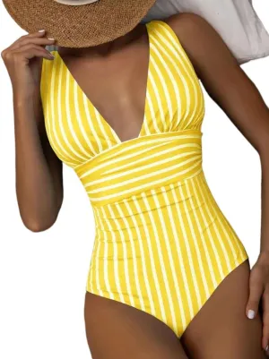 Women's Swim Summer Beach Striped Ruched One Piece Bikinis Swimsuit Beachwear Bathing Suit for Women