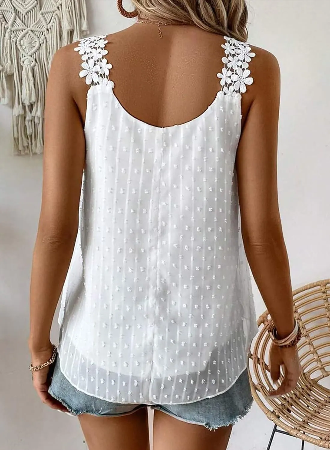 Womens Tank Tops Flowy Sleeveless Summer Boho Blouses for Women Casual Crewneck Spaghetti Strap Lace Camisole Shirts