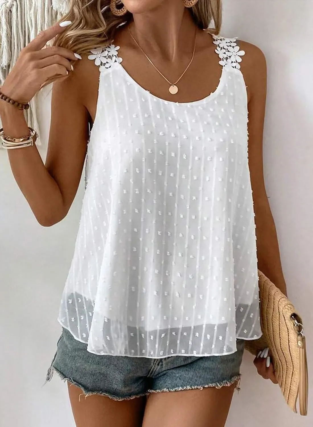 Womens Tank Tops Flowy Sleeveless Summer Boho Blouses for Women Casual Crewneck Spaghetti Strap Lace Camisole Shirts