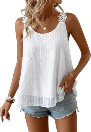 Womens Tank Tops Flowy Sleeveless Summer Boho Blouses for Women Casual Crewneck Spaghetti Strap Lace Camisole Shirts