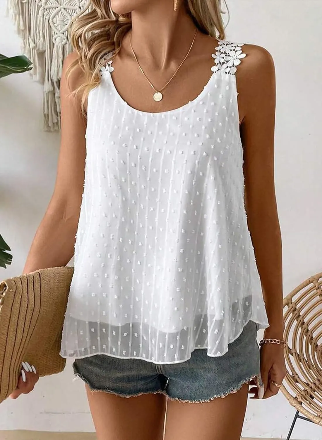 Womens Tank Tops Flowy Sleeveless Summer Boho Blouses for Women Casual Crewneck Spaghetti Strap Lace Camisole Shirts
