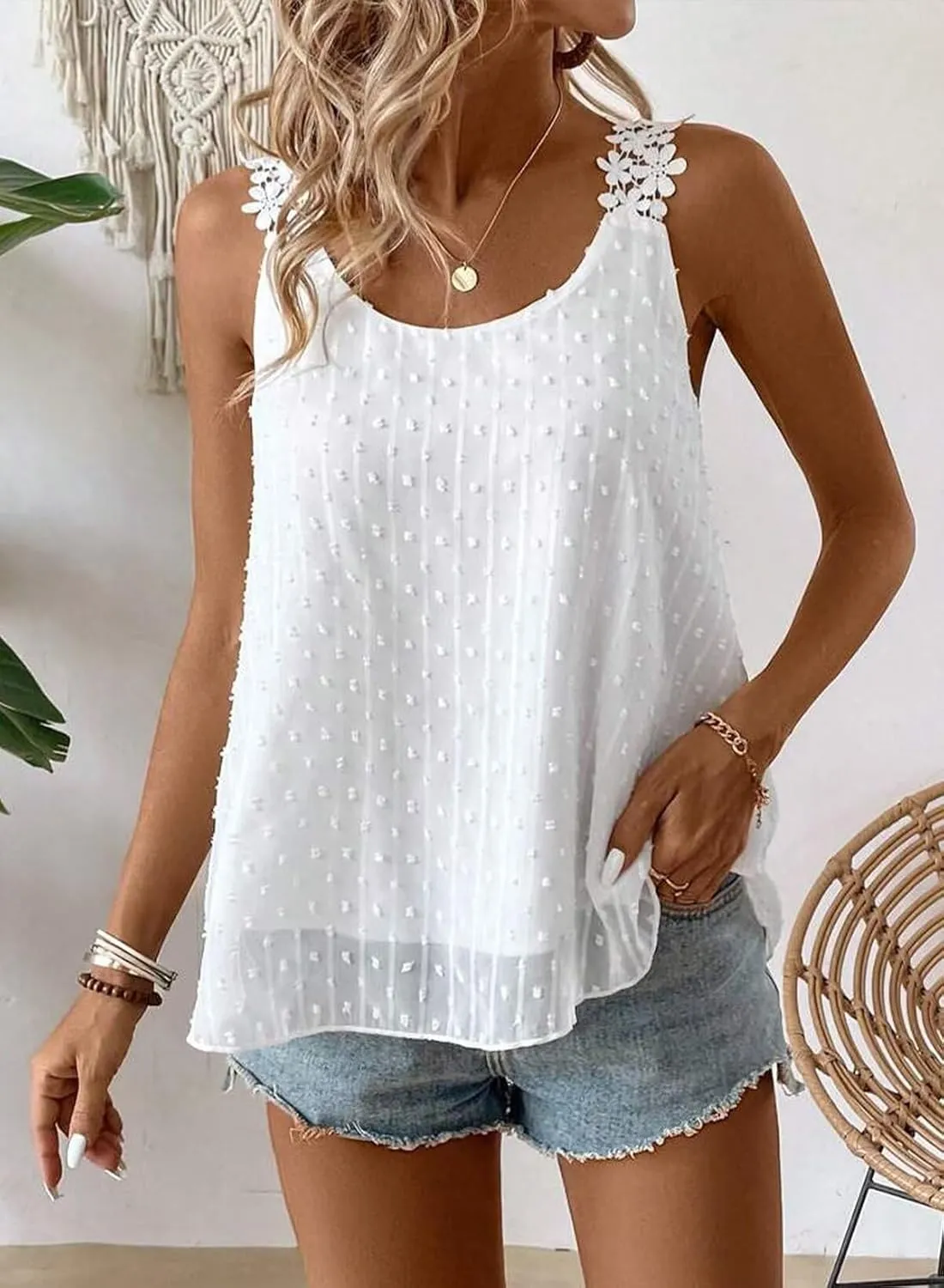 Womens Tank Tops Flowy Sleeveless Summer Boho Blouses for Women Casual Crewneck Spaghetti Strap Lace Camisole Shirts