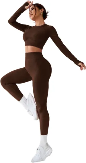 Women's Workout Outfits 2 Pieces Yoga Suits Long Sleeve Crop Top Sport Leggings Active Gym Set
