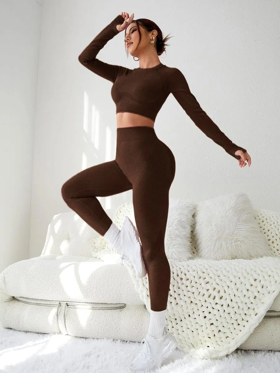 Women's Workout Outfits 2 Pieces Yoga Suits Long Sleeve Crop Top Sport Leggings Active Gym Set