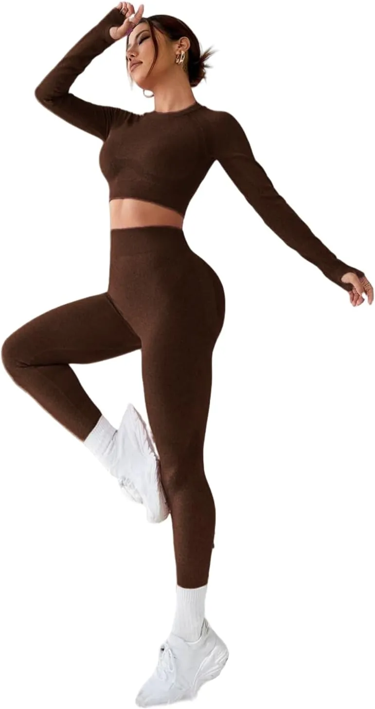 Women's Workout Outfits 2 Pieces Yoga Suits Long Sleeve Crop Top Sport Leggings Active Gym Set