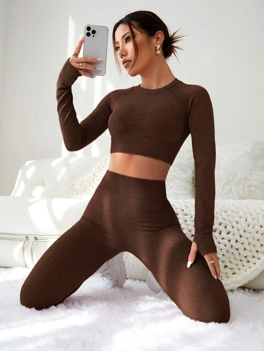 Women's Workout Outfits 2 Pieces Yoga Suits Long Sleeve Crop Top Sport Leggings Active Gym Set