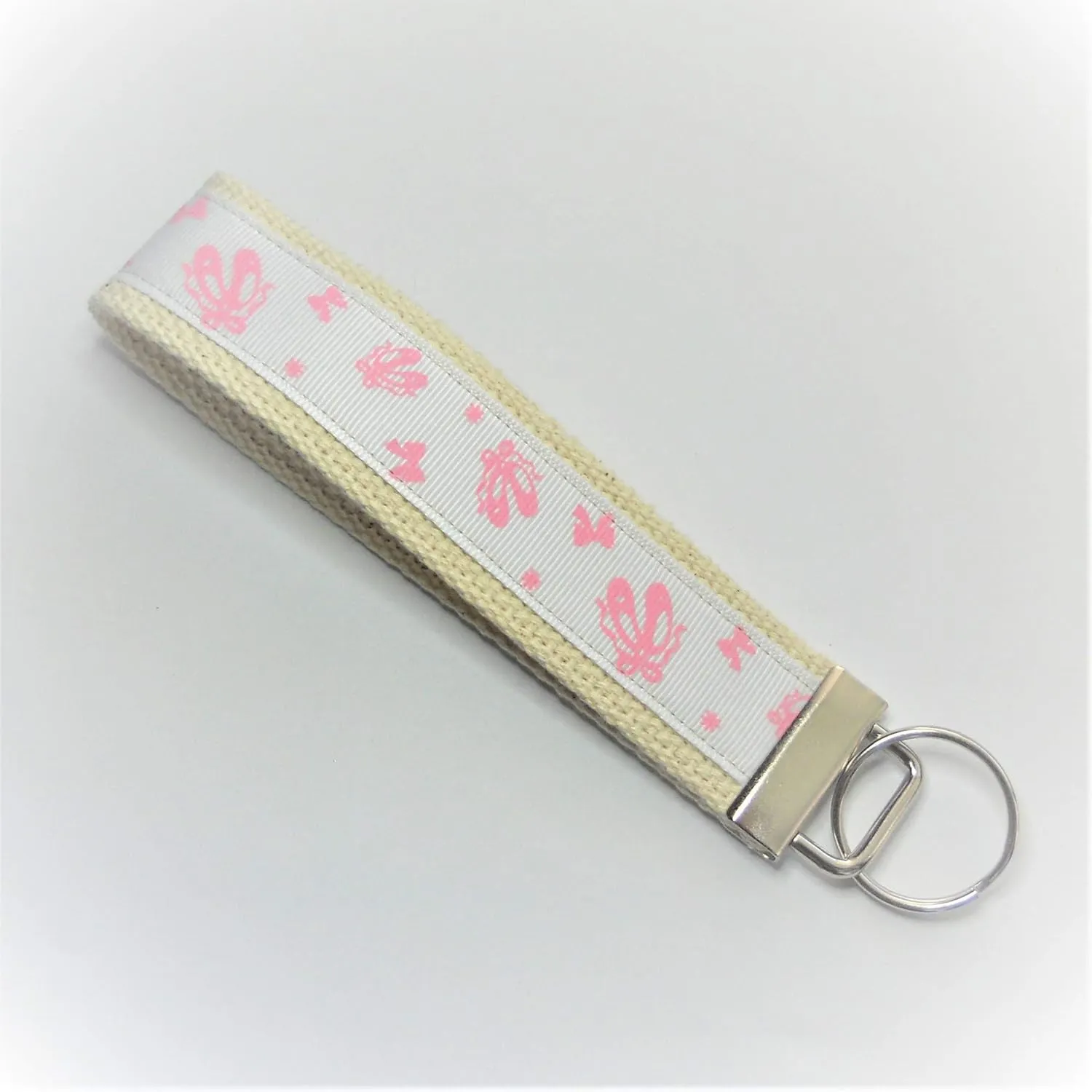 Wristlet Key Fob Larger 6 Inch White Pink Ballet Slippers Bone