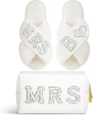 Xtinmee Personalized Initial Wedding Bride Slippers MRS Pearl Letter Makeup Bag Bridal Shower Gifts for Wedding Day (B)